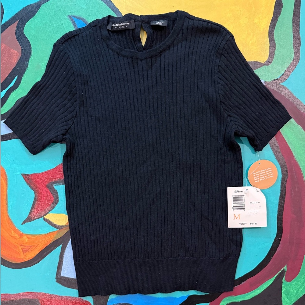 Liz Claiborne Black Ribbed Crew Short Sleeve Sweater Capsule Old Money Chic M